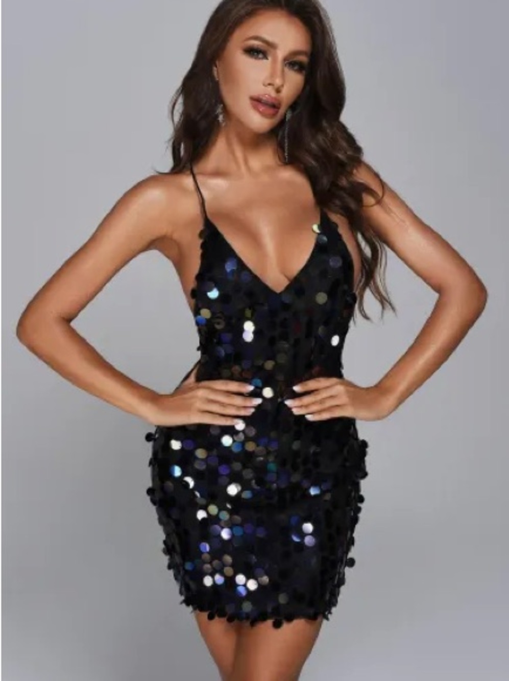 Sequin Black Slip Dress with Crisscross Straps